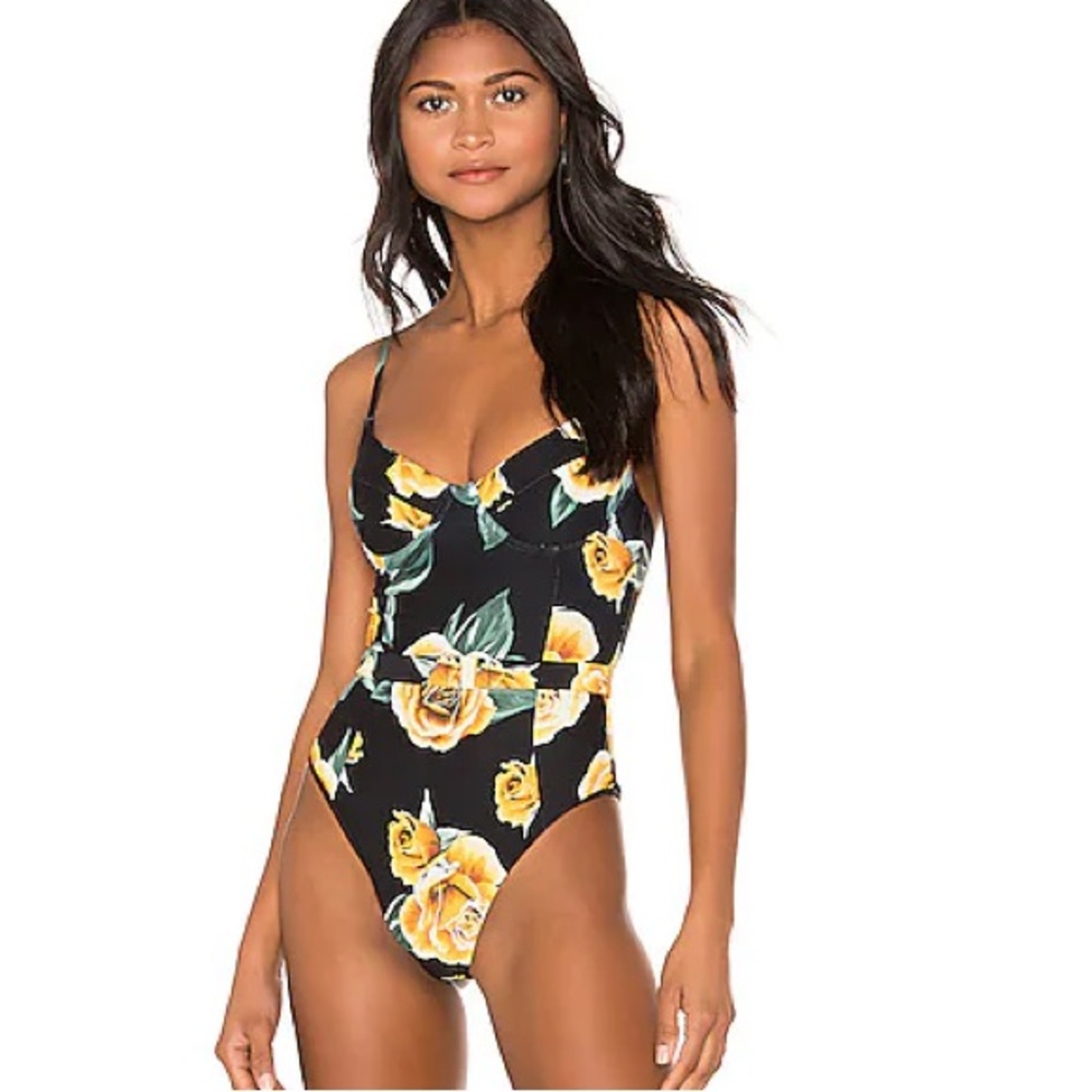 Onia Danielle/ We wore what  belted floral bathing suit.